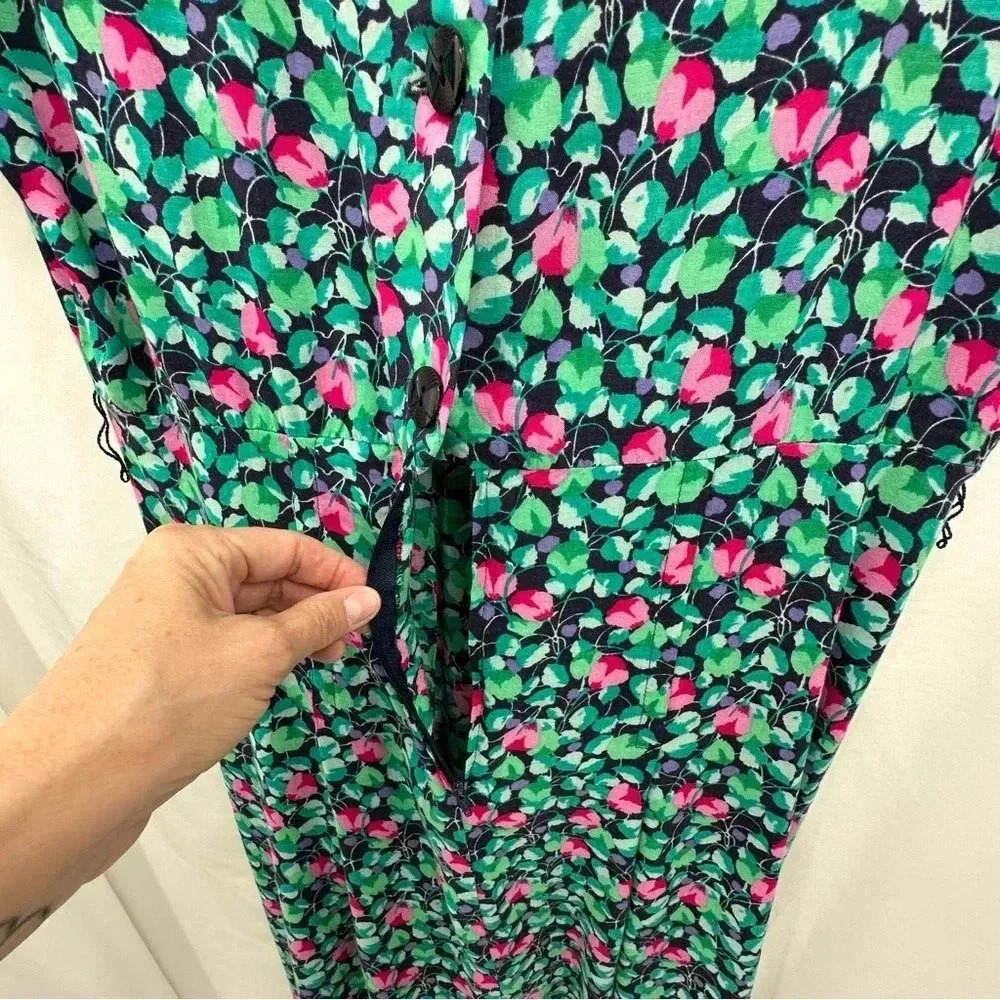 Annabelle Croft Vintage Midi Dress 12 Green Pink Short Sleeve Button Zip Closure - Picture 6 of 10